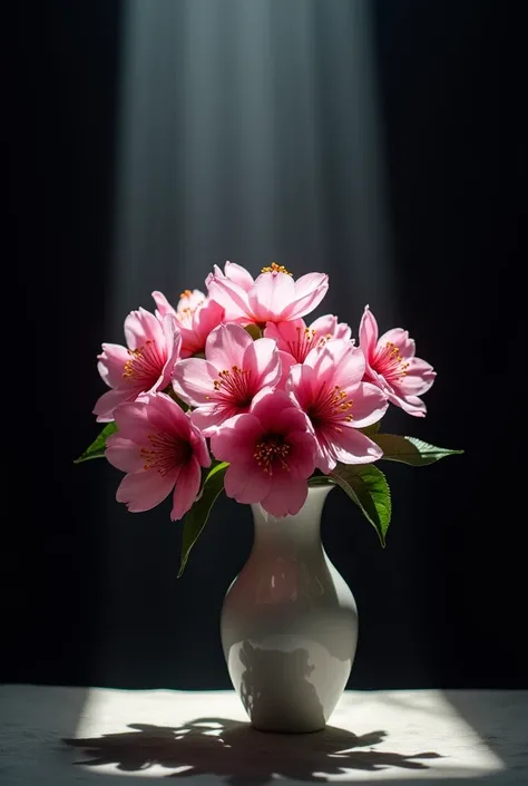 Black Background　Dark Background　Light falls on the flowers from above　A lot of cherry blossoms in a vase　Flower arrangement