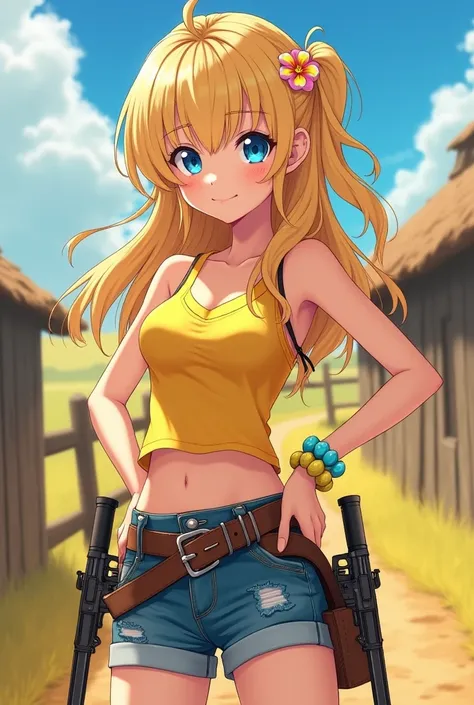 An anime style girl with white skin, blue eyes, blonde hair, yellow tank top, denim shorts, country boots, yellow and blue beaded bracelet, a single flower in her hair, 2 Zakharov survival knives and 2 semi-automatic pistols