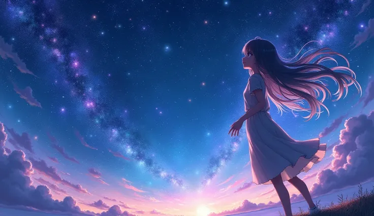 Starry sky，anime,Gorgeous colors, stars all over the sky.