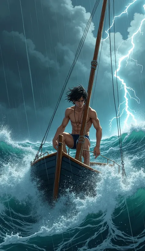 Kai is a lean, wiry teenager with tanned skin from long days spent under the sun. His hair is dark and unruly, onboard clinging to the mast of his boat, drenched and struggling to keep control as the storm rages around him. Scene carton anime