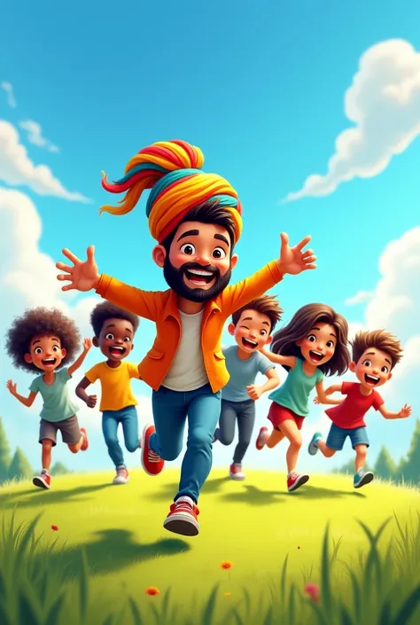 A cartoon man wearing turban running in ground with 6 to 7 childrens
