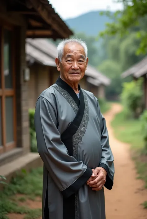 Asian man, 60 years old, Rural village backdrop, Look straight., Medium shot ,Dressed in a grey and black Thai silk outfit 
