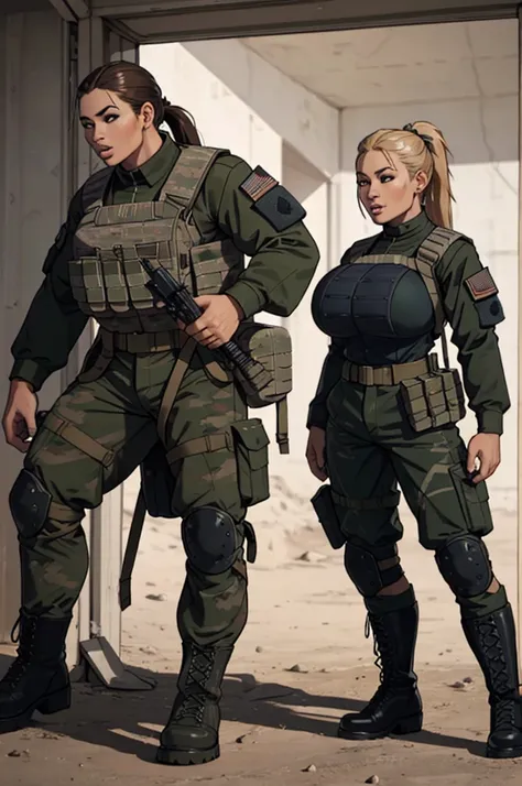 female soldier standing at attention pose waiting for orders, war photography, with embarassed expression, (cinematic lighting:1.1), highest quality, photo of (fully dressed really tanned 20yo sexy muscular female army special forces with taut clothing mil...