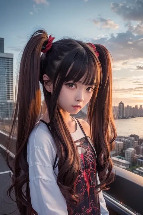 (masterpiece, Highest quality), Intricate details, 8k, Art Station, wallpaper, Official Art, Splash Art, Sharp focus,, One person, Long Hair, Twin tails, Red eyes, Brown Hair, ,  Spider Suit, spiderweb printing, spiderweb,  , skyscraper, city, building, ca...