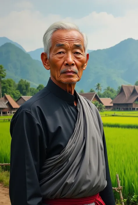 Asian man, 60 years old, Rural village backdrop, Look straight., Medium shot ,Dressed in a grey and black Thai silk outfit ,Offers panoramic views of the rural village., The artwork is rendered in the style of a hyperเหมือนจริง portrait, Capture every litt...