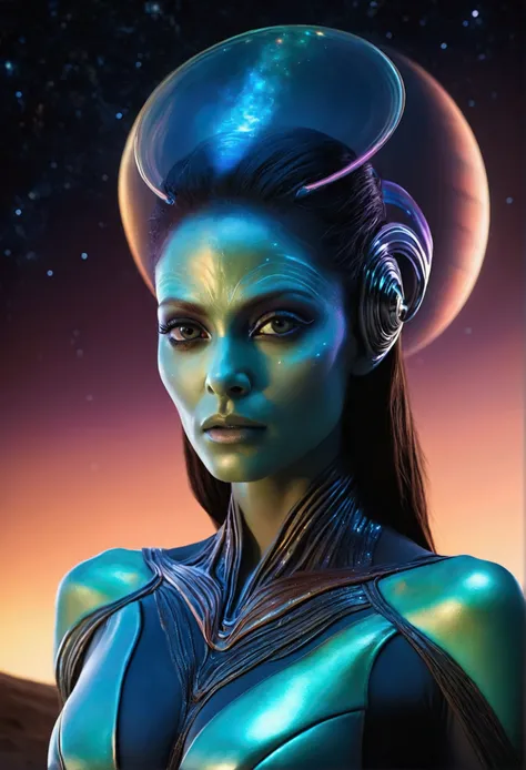 A studio portrait of a beautiful alien woman with a sexy and captivating appearance. Their skin has an iridescent tone that reflects the colors of the environment., giving it an ethereal glow. His eyes are big and bright., with a color that changes between...