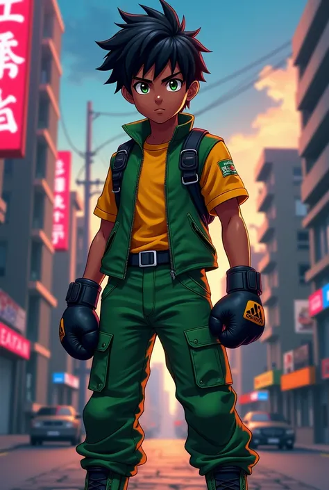 A dark skinned anime style boy with green eyes and black hair wearing a green and yellow shirt wearing green tactical pants wearing military boots wearing mma gloves