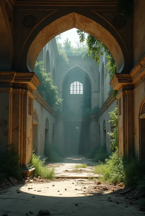 a grand abandoned mosque, intricate arabic architecture, ruined interior, crumbling walls, broken windows, dust and debris, sunlight filtering through, overgrown vegetation, atmospheric lighting, moody and dramatic, cinematic composition, photorealistic, h...