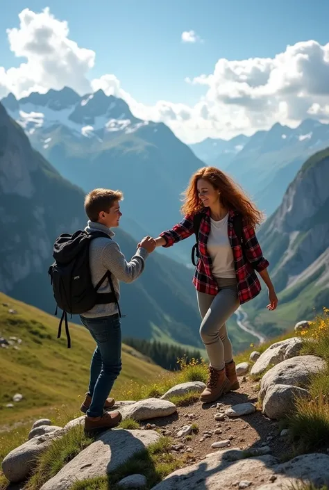 Romantic Couple Boy helps girl Im climbing in the krakrm mountains
