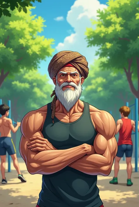 Anime old man Fitness trainer standing in background  ground 
 wearing proper turban 