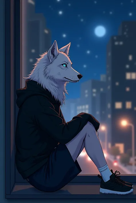 embedding:white wolf, male,blue eyes,Single person,on the side，gentle and quietcity,Look outside,Outside is the city,Black windbreaker,Black shorts,Black sports shoes,Alone，sit on a chair，happy，night，Artistic tones,Stand by the window.The highest quality o...