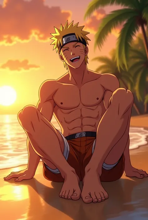 Animated image showing realistic HD texture style of Naruto Uzumaki barefoot showing sole of feet from below close to camera Sitting on beach smiling shirtless 2 feet 5 toes on each foot Showing six pack Showing sole of foot Showing detail of perfect feet ...