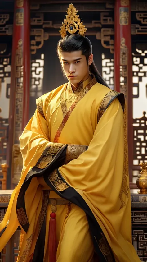 a prince of the chinese empire, white skin, wear gold clown, gold clothes kingdom,19 yo,hansome,kingdom background