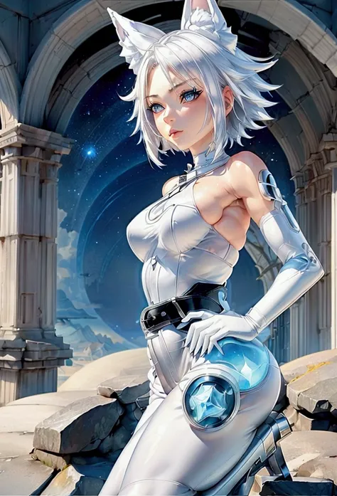 sexy and sensual white fox (marvel), 1girl, alone, blue eyes, gloves, medium breasts, white hair, belt, transparent armor, blue ...