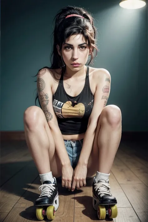 Surrealism painting, Amy Winehouse wearing roller skates, looking straight at the camera 