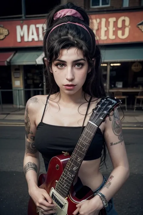 Surrealism painting, Amy Winehouse wearing roller skates, and guitar playing blues.looking straight at the camera , face in high definition HD, 8k, sign above the lips at the corner of the mouth