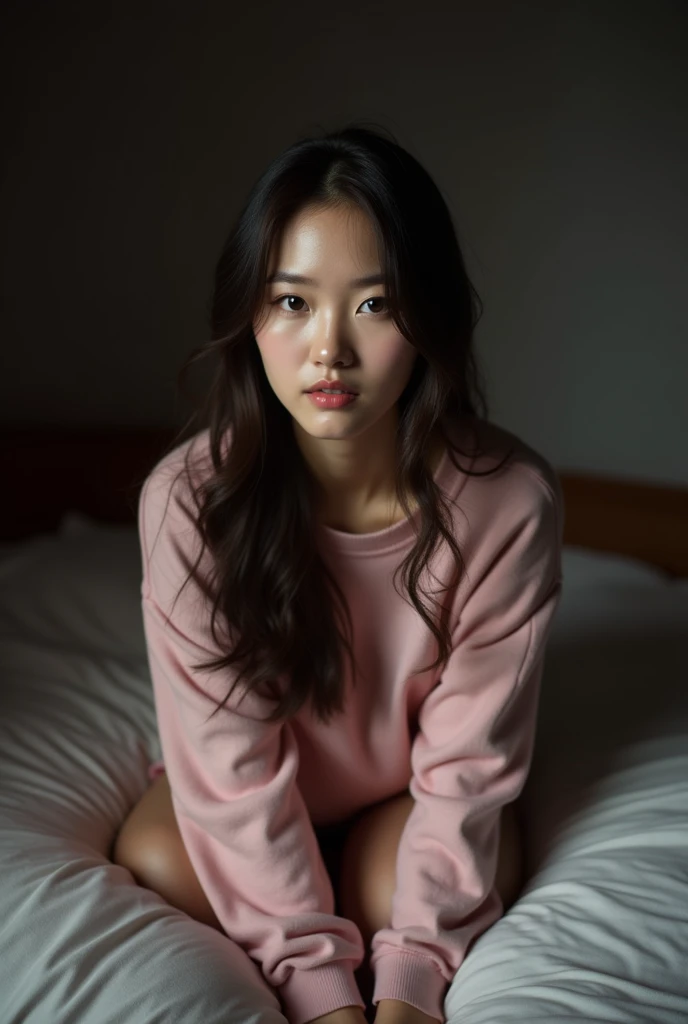 Highest quality、Realistic Women、Korean pretty woman、All fours pose、Big Breasts、Wearing a tight light pink sweater、long hair、Center parted hair、Dark Space、Sitting on the bed、