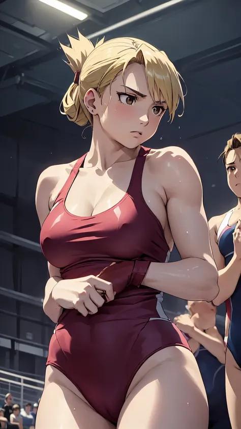 masterpiece, Highest quality, High resolution, One Girl, Hamriz, ponytail, Brown eyes,big ,Competitive swimming suits、Cowboy Shot、Muscular body、blush、Sweat、Composition from the front、アニメ、(((Competitive swimming suits、Stand in front、audience、Shaking breasts...