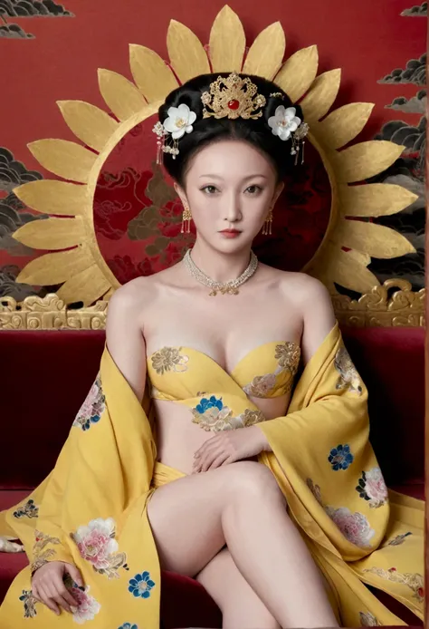 from the pre-qing period, the empress sits naked on a large golden sofa in the palace,  her legs were spread, at the chinese cou...