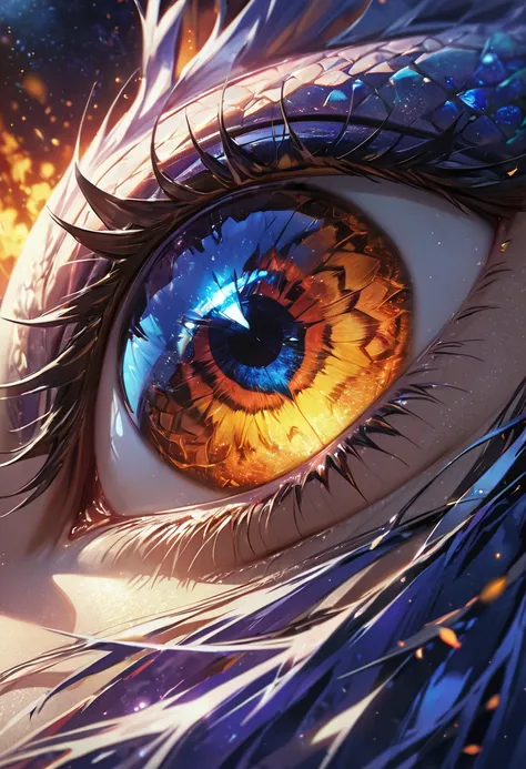 a close up anime comic picture of a dynamic color dragon eye, you see the night sky and endless stars, nebula, in the irises, so...