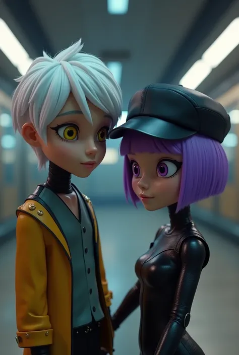 Screenshot of Murder Drones TV Series N and Uzi Together V Cried Male Robot White Hair Pilot Cap Yellow Eyes Screenshot and Female Robot with Short Purple Hair Black Cap Violet Eyes Serial Designation N and Uzi Cute Robot Model 