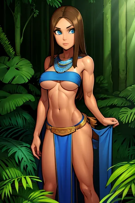 masterpiece, slender, brunette, tan, blue eyes, small boobs, blue tribal loincloth,  jungle