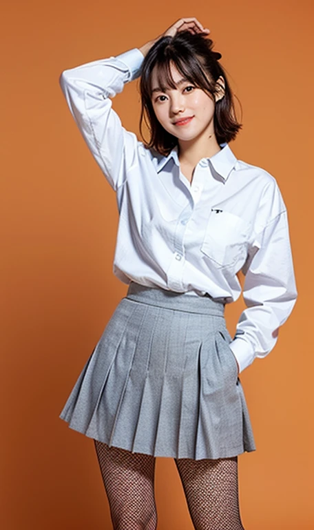 (a cute girl, with short bob hair, ponytail, Japanese idol, wearing a university student uniform, posing confidently in a studio, hands on hip, wearing fishnet tights and loafers, with white shirt and a pleated skirt, kind smile, beautiful detailed eyes, b...