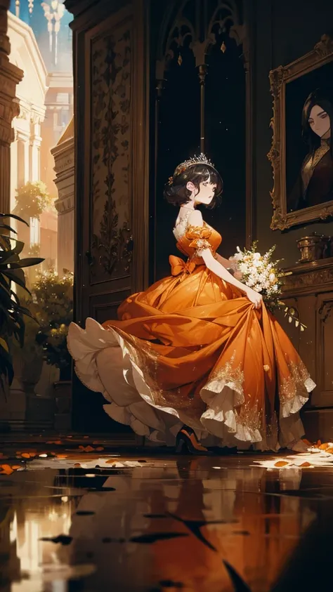 a princess wears orange dress, haunting, glowing dress, black hair, masterpiece, magical, in painting, in canvas, many flowers, reflections