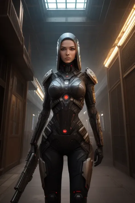 an imposing female humanoid who has android parts + human face + female features + middle east features + dark skin + large gun + hd photography, futuristic elements, cinematic, old building, plenty of solar light, close