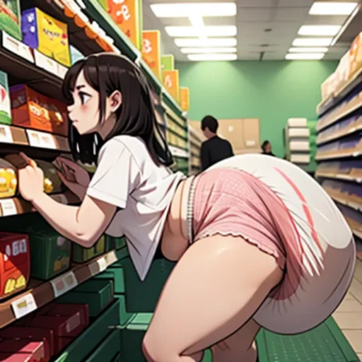 an enchanting woman, at supermarket, surrounded by lovers, kissing her husband, rubbing her huge butt, sex from behind, wearing ...