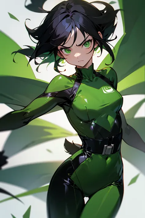 1female , black hair ,bowl tails , floating in air , green bodysuit , green dress , green superhero suit , serious expression , ...