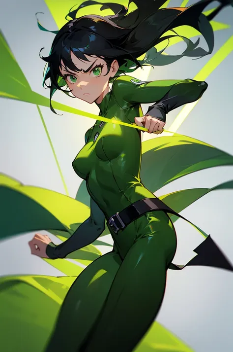 1female , black hair ,bowl tails , floating in air , green bodysuit , green dress , green superhero suit , serious expression , ...