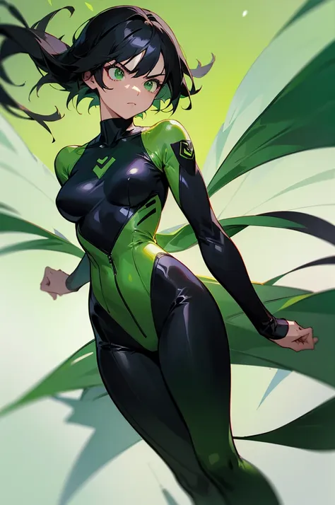 1female , black Hair ,bowl tails , Floating in air , green Bodysuit , green Dress , green Superhero Suit , serious Expression , green Eyes, black belt wrapping suit,