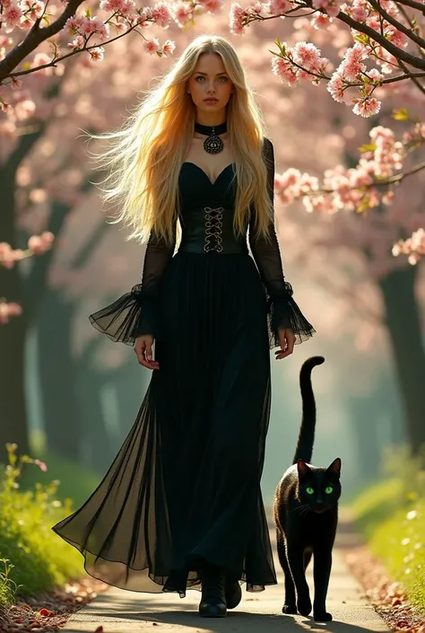 Spring. Beautifull blonde satanist girl walking with black cat 