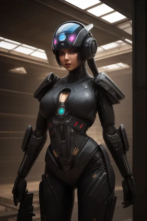 an imposing female humanoid who has android parts + human face + female features + middle east features + dark skin + large gun + hd photography, futuristic elements, cinematic, old building, plenty of solar light, close