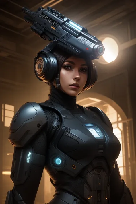 an imposing female humanoid who has android parts + human face + female features + middle east features + dark skin + large gun + hd photography, futuristic elements, cinematic, old building, plenty of solar light, close