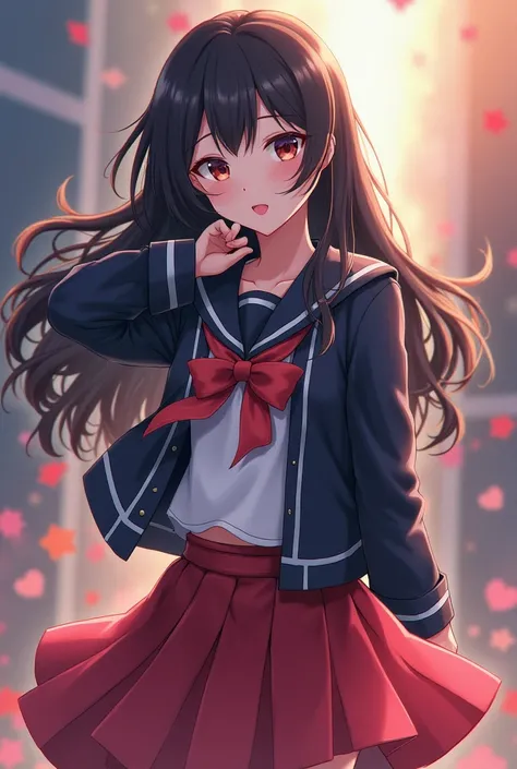 masterpiece, high quality, 4K, HDR,, A girl with long black wearing a slightly open sailor uniform BREAK Black sailor uniform with white collar and cuffs BREAK Standing with a playful expression, looking slightly away from the camera BREAK A bright,skirt,n...