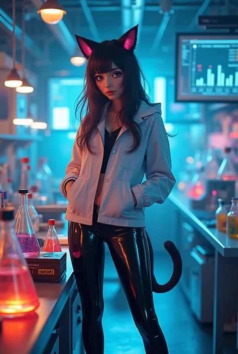  Goddess Neko girl scientist in latex leggings 