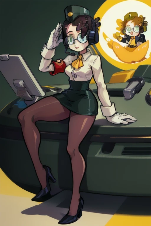 mollySG, 1girl, brown hair, short hair, black eyes, glasses, round eyewear, garrison cap, headphones, white shirt, long sleeves, ascot tie, yellow tie, armband, white gloves, green skirt, pencil skirt, pantyhose, shoes, high heels