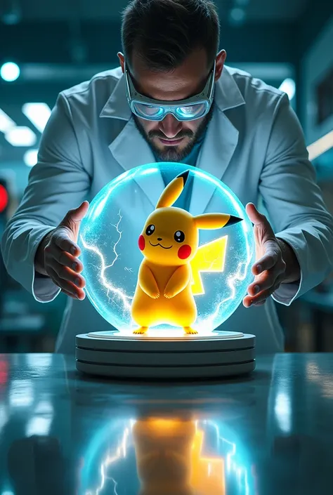 a scientist capturing Pikachu in a transparent glass sphere, Pikachu releasing electric current from its body, the electricity being transferred to a power generator, highly detailed, 8k, photorealistic, intricate details, dramatic lighting, cinematic comp...