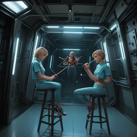 ((gorgeous realistic short hair blonde female in a realistic futuristic space station)), ((playing the violin)), ((sitting on a stool with display and glowing control surfaces)), she is wearing a teal and grey track suit, (photorealistic), (in light grey a...