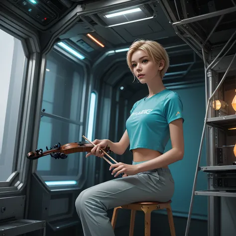 ((gorgeous realistic short hair blonde female in a realistic futuristic space station)), ((playing the violin)), ((sitting on a stool with display and glowing control surfaces)), she is wearing a teal and grey track suit, (photorealistic), (in light grey a...