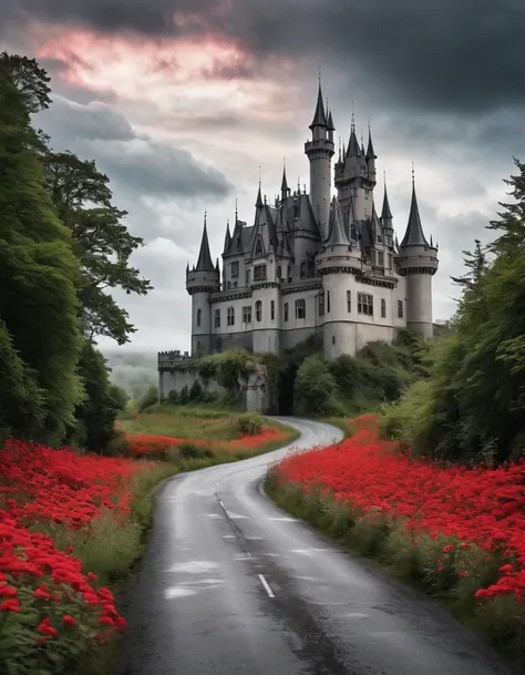 A gothic castle from afar and a road to the castle and in the both side of the road there are red flowers. There are a lot of clouds and it seems like this place is haunted. 