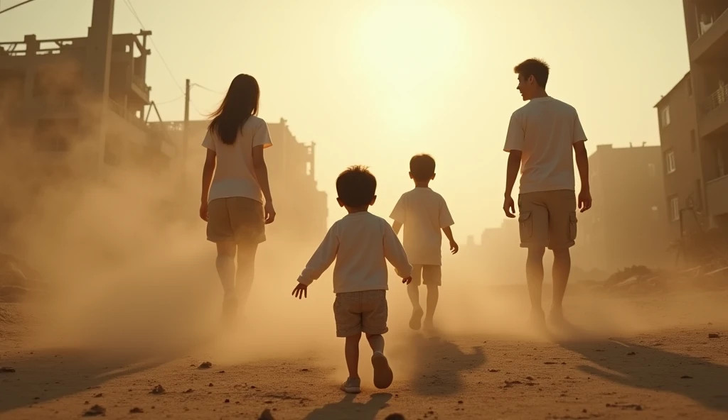 Low angle shot from below and the back of a korean three year old boy, approaching his father, mother, and older brother who are smiling at him, happy moment, on the ruin of a city, sand cloud, heat, hazy, rubles, debris, desaturated color, low contrast, c...