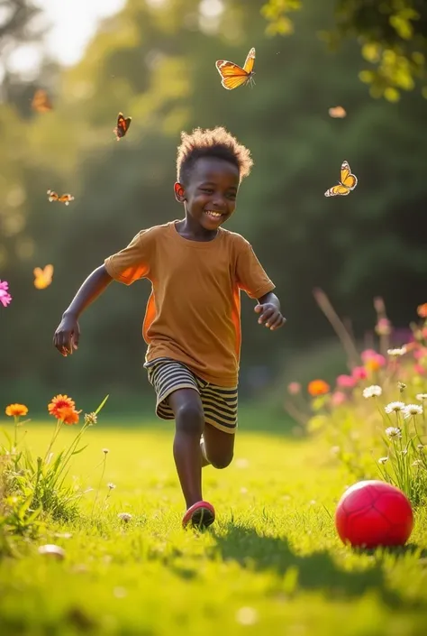 A 6 year old African boy playing in the yard. Short hair 