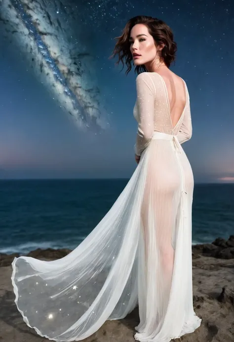 Lena Headey (age 25, airy sheer white elegant gown), camera low looking up at her butt and a starry sky, a few tiny space ships fly across the sky, lush ocean world
