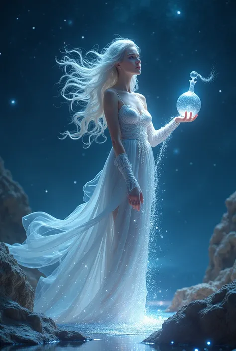 Aquarius, a female deity, emits a gentle radiance all over her body. Against the backdrop of the starry sky, a river of stars flows from the water bottle in her hand，4K