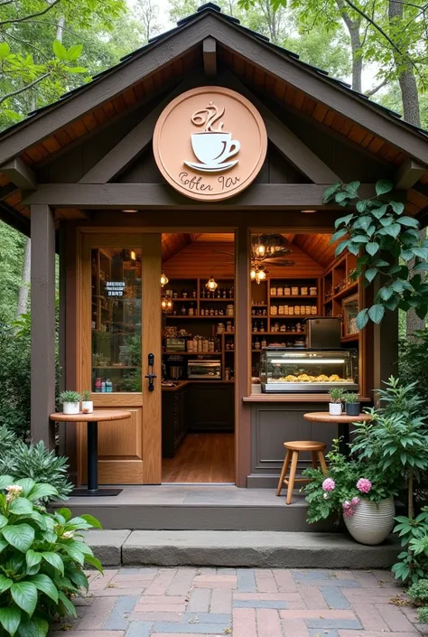 The coffee shop in the house has cakes, tea, beer, and a beautiful sign in front of the shop. in the form of a logo
