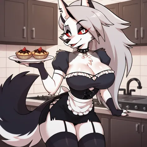 score_9, score_8_up, BREAK, source_anime, uncensored, perfect body, thick thighs, big breasts, traditional maid dress, anthro, furry, pose, sexy, Loona, kitchen,