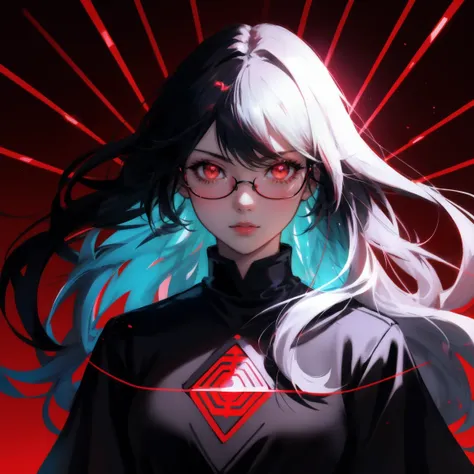 A manga-style illustration of the anime character cute girl I-Dayu from Kakegurui, radiating red energy with laser eyes and an intense expression. The background is dark and mysterious, enhancing his silhouette against a backdrop of glowing lines. His hair...